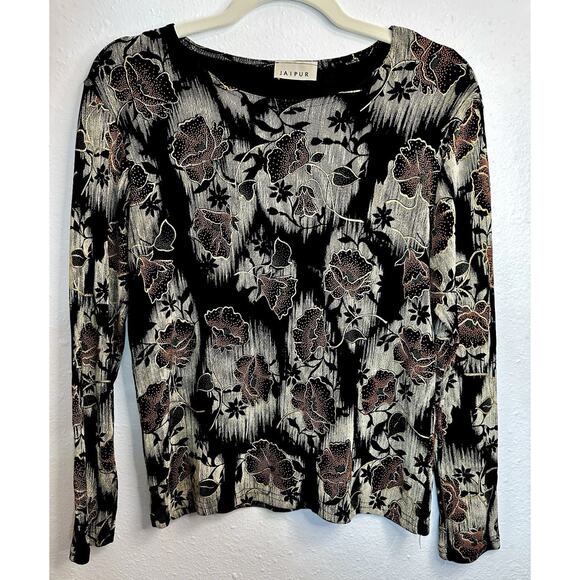 Vtg Whimsygoth Orange Floral On Black Long Sleeve With Gold Metallic Size S - Picture 2 of 7